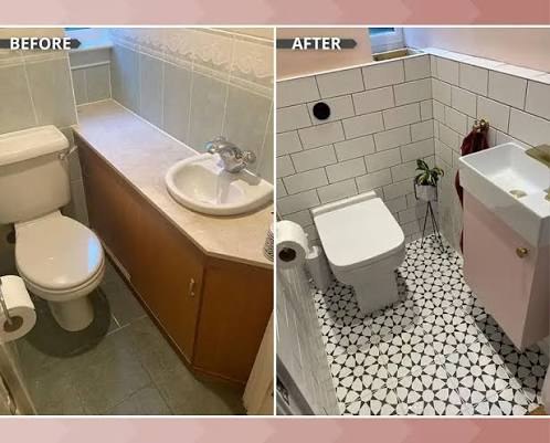 Bathroom remodel before and after: old vanity and tile replaced with modern white subway tile, patterned floor and wall-mounted vanity