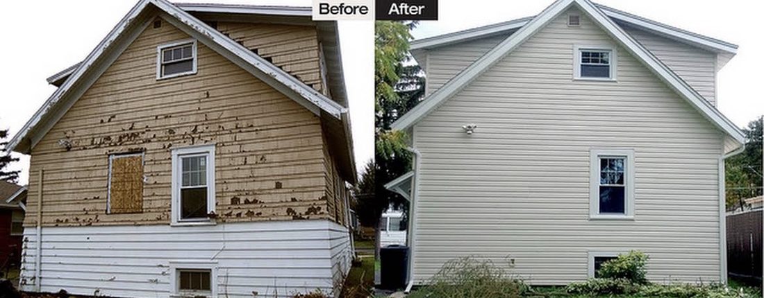 House siding before and after: peeling paint replaced with new vinyl siding and trim